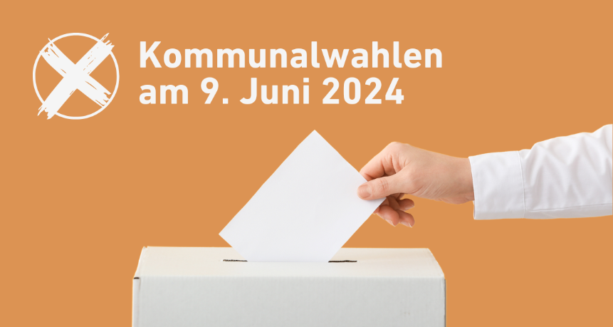 Person wirft Wahlschein in Wahlurne mit Titel „Kommunalwahlen 2024“. Grafik: Lpb BW